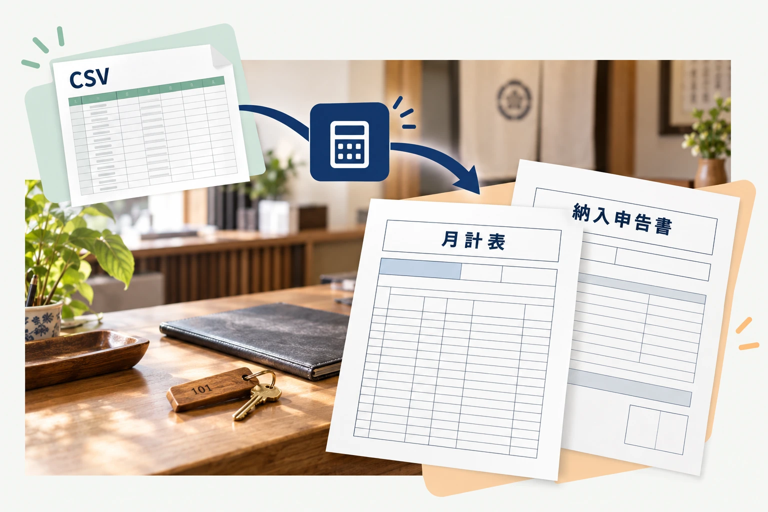 CSVから月計表と納入申告書へ進むイメージ